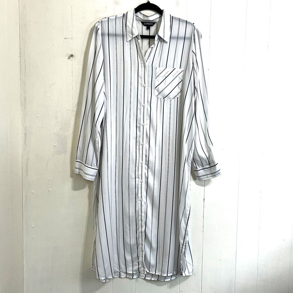 Express Duster Shirt Dress Size L White Black Stripe Long Sleeve Lightweight